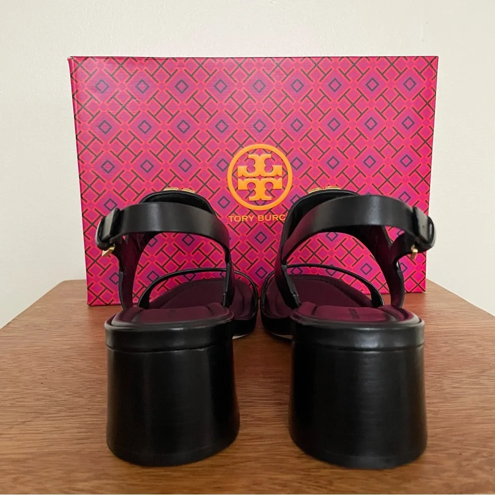 Brand New 💜 Tory Burch Black and Gold Block Heel Sandals - Picture 7 of 13